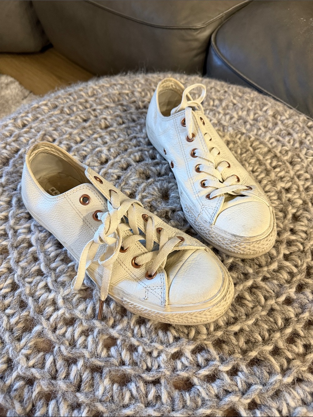 White Leather and Rose Gold Converse
